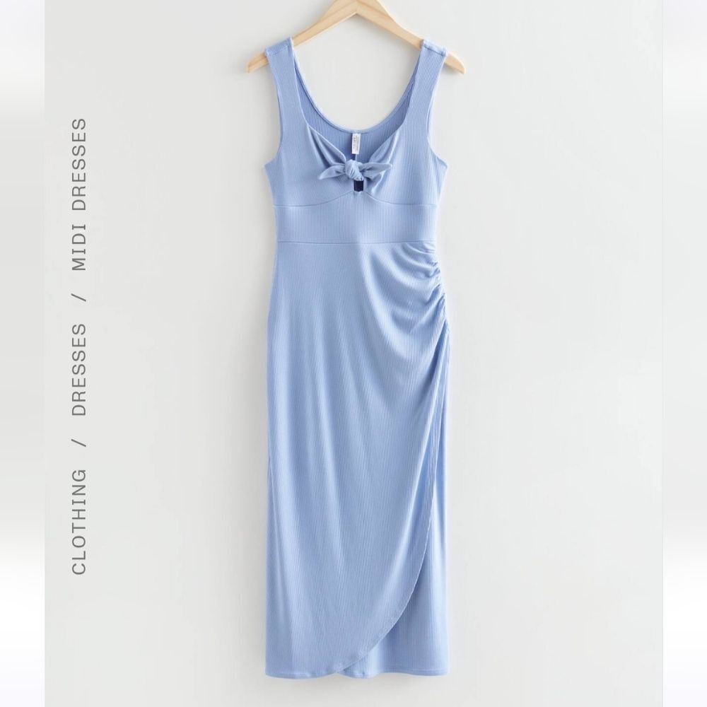 & Other Stories Jersey Knit Tie Front Midi Dress in Blue Size Large